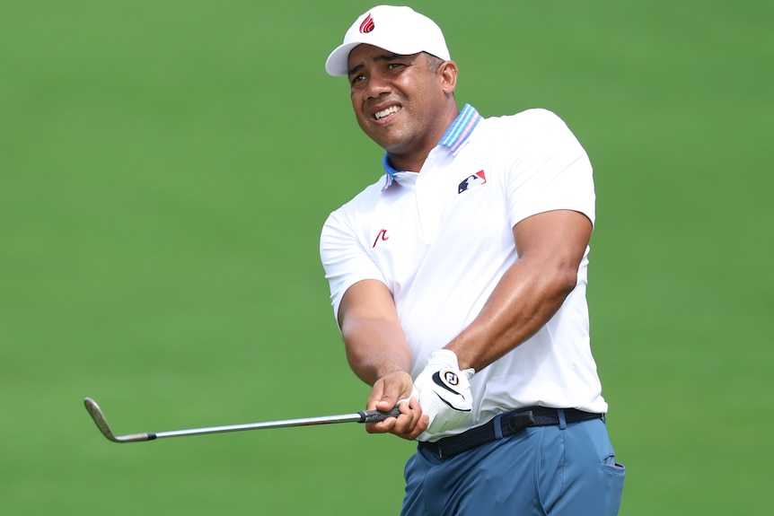 Jhonattan Vegas hits a shot during the second round of the PGA Championship.
