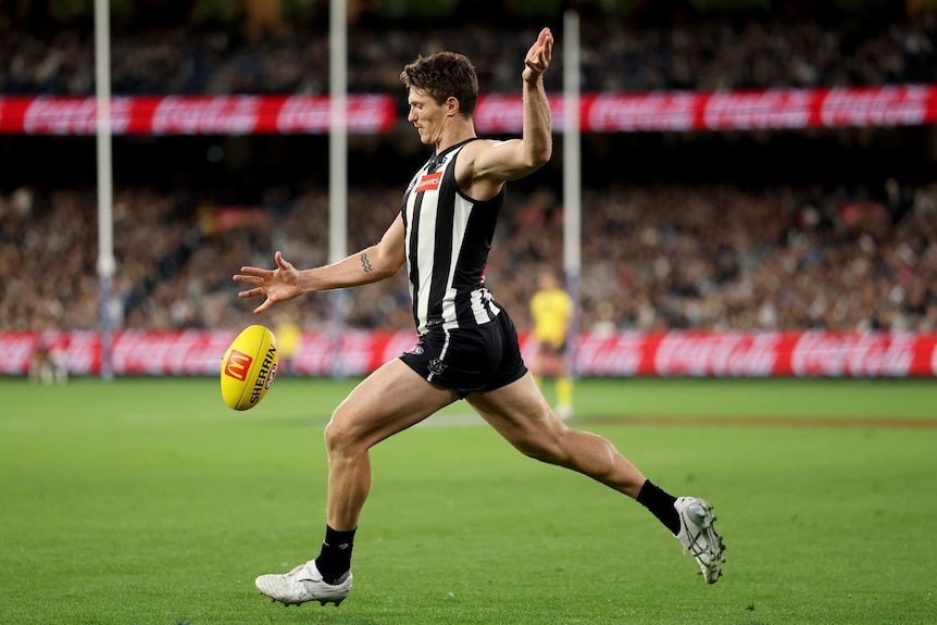 Brody, wearing a black-and-white striped jersey, drops a yellow ball and lines up to kick it.