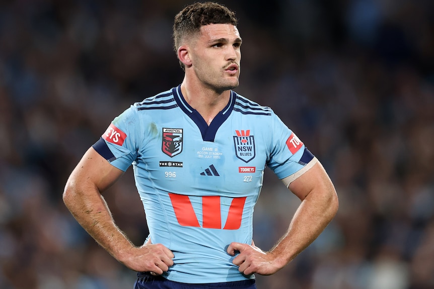 Nathan Cleary stands with his hands on his hips during State of Origin III.