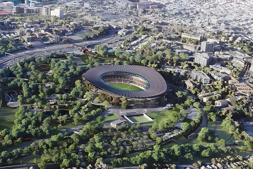 An illustration of a large stadium in a green park near the CBD.