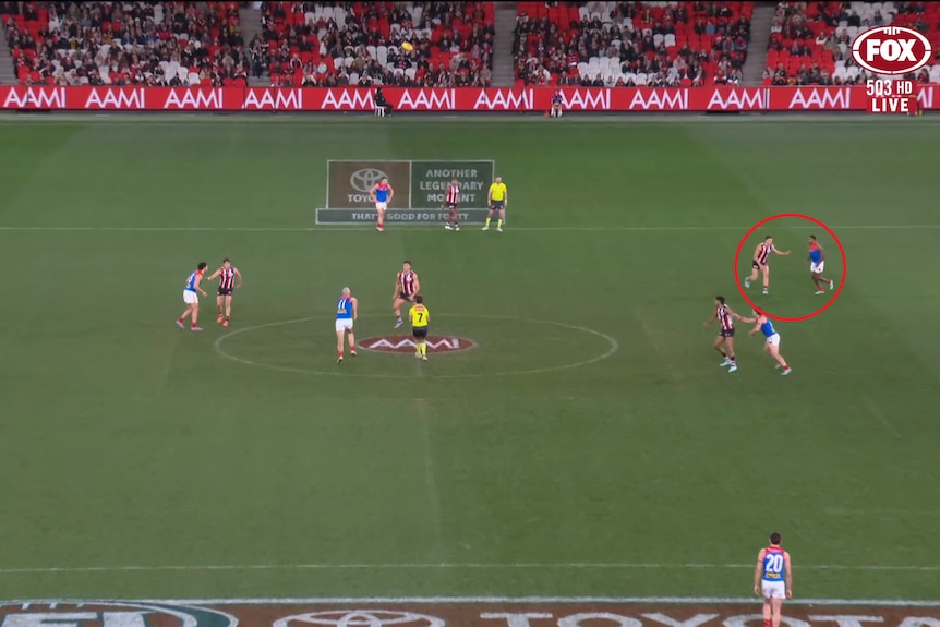 A screenshot from the broadcast of the Saints-Demons game, with Pickett and Windhager circled