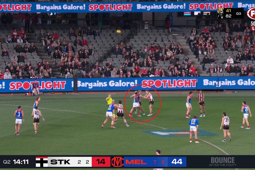 A screenshot from the broadcast of the Saints-Demons game, with Oliver, Pickett and Windhager circled