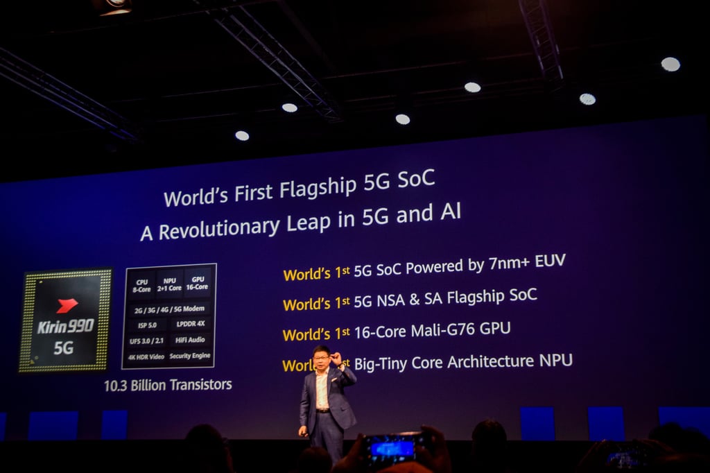 Huawei Technologies’ Richard Yu Chengdong presents the Kirin 990 5G system-on-a-chip at the IFA industrial trade show in Berlin on September 6, 2019. Photo: Shutterstock