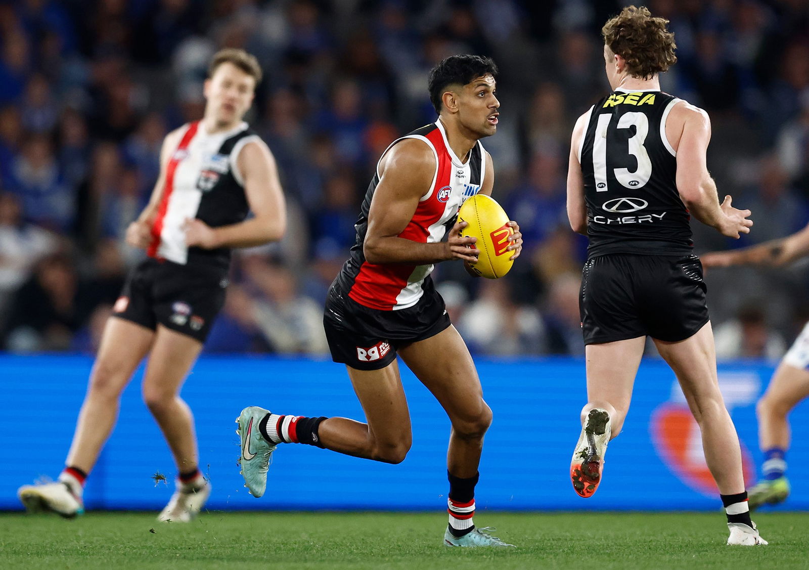 Nasiah Wanganeen-Milera of the Saints in action during the 2025 AFL Round 21 match between the St Kilda Saints and the North Melbourne Kangaroos on August 3, 2025 in Melbourne, Australia.