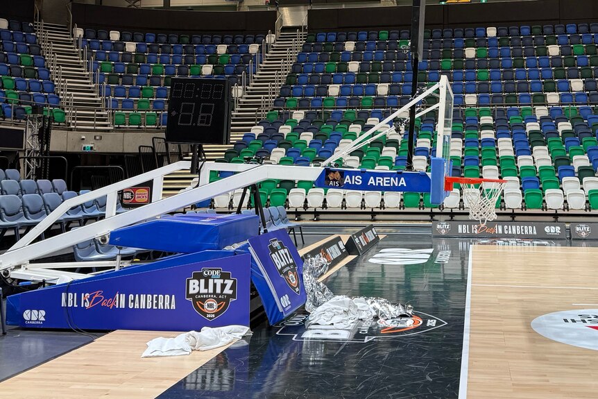 A broken basketball hoop structure, AIS Arena, Canberra, Saturday, August 30.