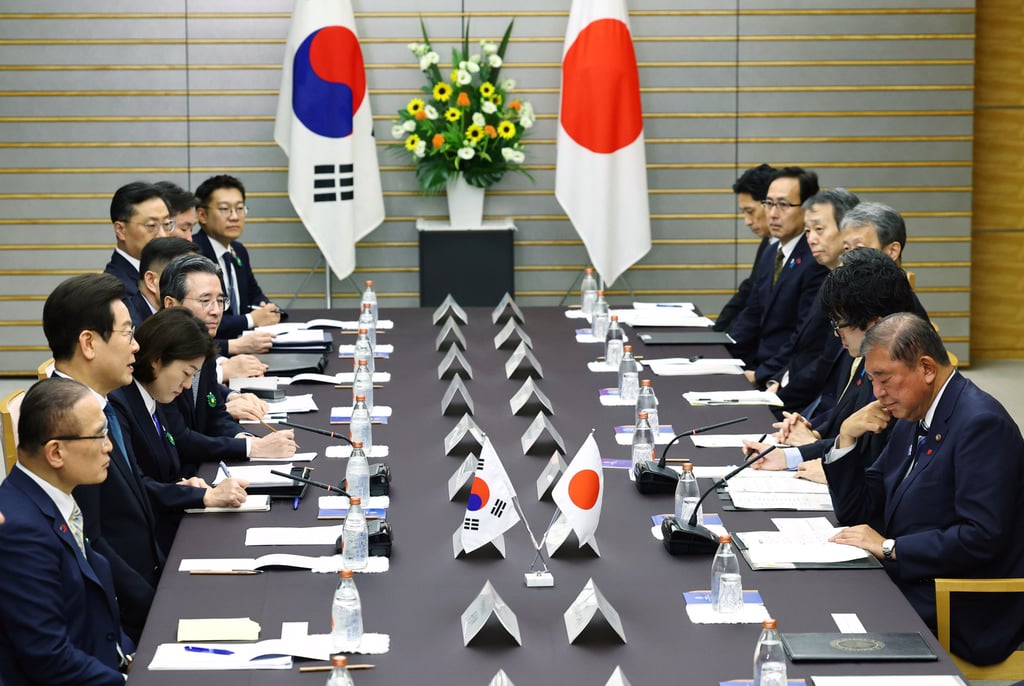 South Korean President Lee Jae-myung, (second bottom left) meets Japan’s Prime Minister Shigeru Ishiba (bottom right) in Tokyo on Saturday. Photo: AP South Korean President Lee Jae-myung, (second bottom left) meets Japan’s Prime Minister Shigeru Ishiba (bottom right) in Tokyo on Saturday. Photo: AP