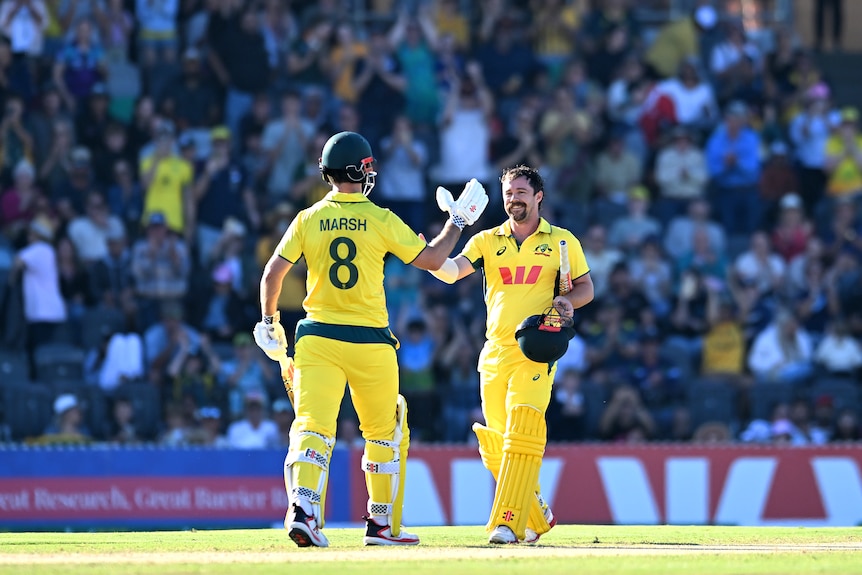 Two cricket players in yellow high five with their bats in hand
