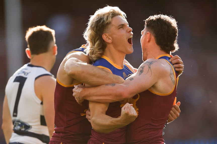 Will Ashcroft (left) and Lachie Neale of the Lions celebrate during the AFL Grand Final match.