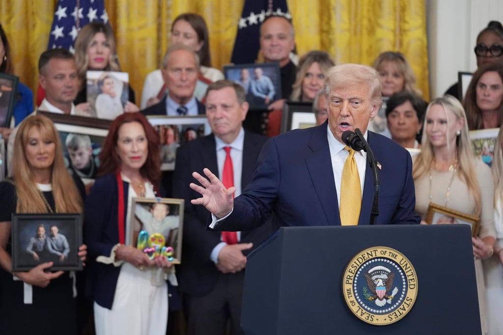 US President Donald Trump speaks during a ceremony to sign the Halt All Lethal Trafficking of Fentanyl Act at the White House, on July 16. Photo: AP