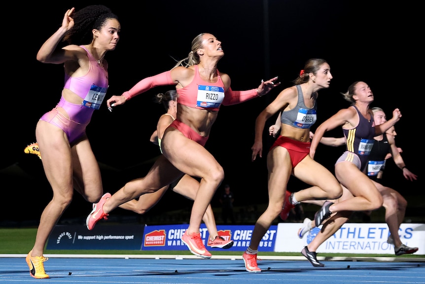 Torrie Lewis, Bree Rizzo and Leah O'Brien hit the line together the women's 100m final at the national championships.