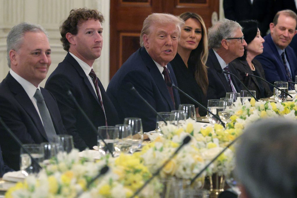 US President Donald Trump and First Lady Melania Trump host tech CEOs at a dinner at the State Dining Room of the White House on Thursday. Photo: TNS US President Donald Trump and First Lady Melania Trump host tech CEOs at a dinner at the State Dining Room of the White House on Thursday. Photo: TNS