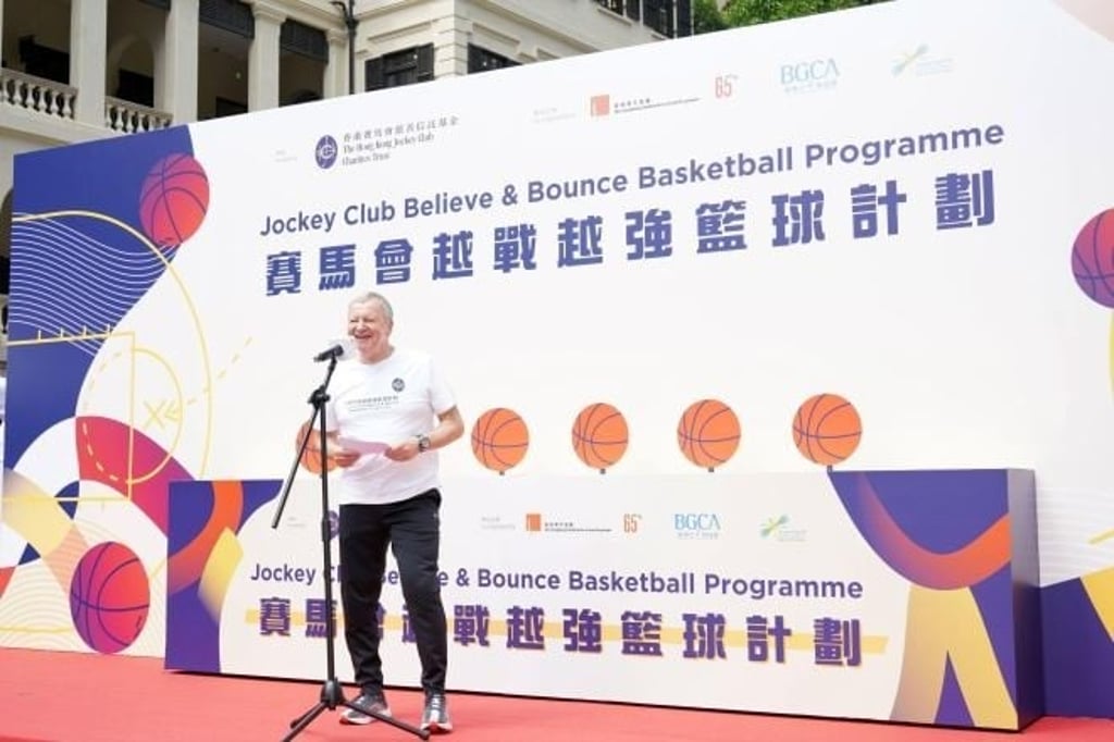 Club Chief Executive Officer Winfried Engelbrecht-Bresges delivers a speech at the Jockey Club Believe & Bounce Basketball Programme kick-off ceremony. Club Chief Executive Officer Winfried Engelbrecht-Bresges delivers a speech at the Jockey Club Believe & Bounce Basketball Programme kick-off ceremony.