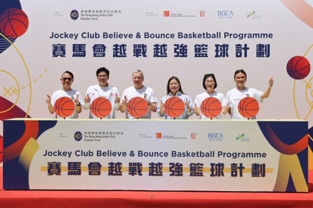 Rosanna Law, Secretary for Culture, Sports and Tourism of the HKSAR Government (3rd right); Kenneth Fok, Member of the Legislative Council of the HKSAR and Vice President of Sports Federation and Olympic Committee of Hong Kong, China (2nd left); Winfried Engelbrecht-Bresges, Chief Executive Officer of The Hong Kong Jockey Club (3rd left); Hsu Siu-man, Executive Director of The Hong Kong Federation of Youth Groups (2nd right); Billie Lau, Executive Director of The Boys' and Girls' Clubs Association of Hong Kong (1st left); Yasmin Fong, Board Member of the InspiringHK Sports Foundation (1st right), and other guests at the Jockey Club Believe & Bounce Basketball Programme kick-off ceremony. Rosanna Law, Secretary for Culture, Sports and Tourism of the HKSAR Government (3rd right); Kenneth Fok, Member of the Legislative Council of the HKSAR and Vice President of Sports Federation and Olympic Committee of Hong Kong, China (2nd left); Winfried Engelbrecht-Bresges, Chief Executive Officer of The Hong Kong Jockey Club (3rd left); Hsu Siu-man, Executive Director of The Hong Kong Federation of Youth Groups (2nd right); Billie Lau, Executive Director of The Boys' and Girls' Clubs Association of Hong Kong (1st left); Yasmin Fong, Board Member of the InspiringHK Sports Foundation (1st right), and other guests at the Jockey Club Believe & Bounce Basketball Programme kick-off ceremony.