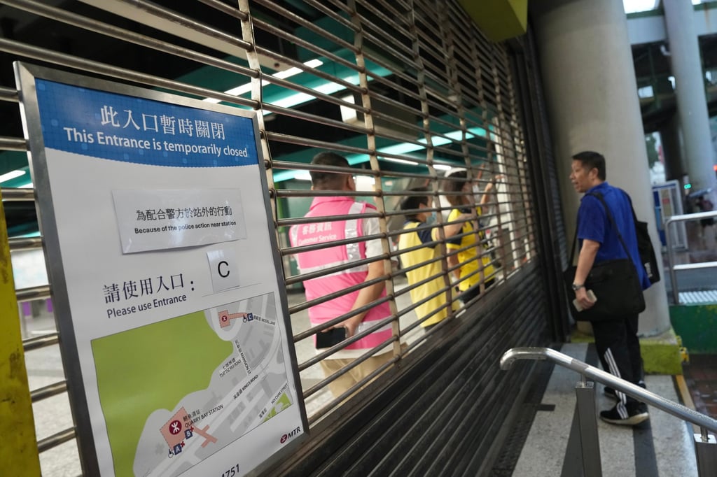 Residents and commuters had to cope with closed exits at the Quarry Bay MTR station. Photo: Karma Lo Residents and commuters had to cope with closed exits at the Quarry Bay MTR station. Photo: Karma Lo