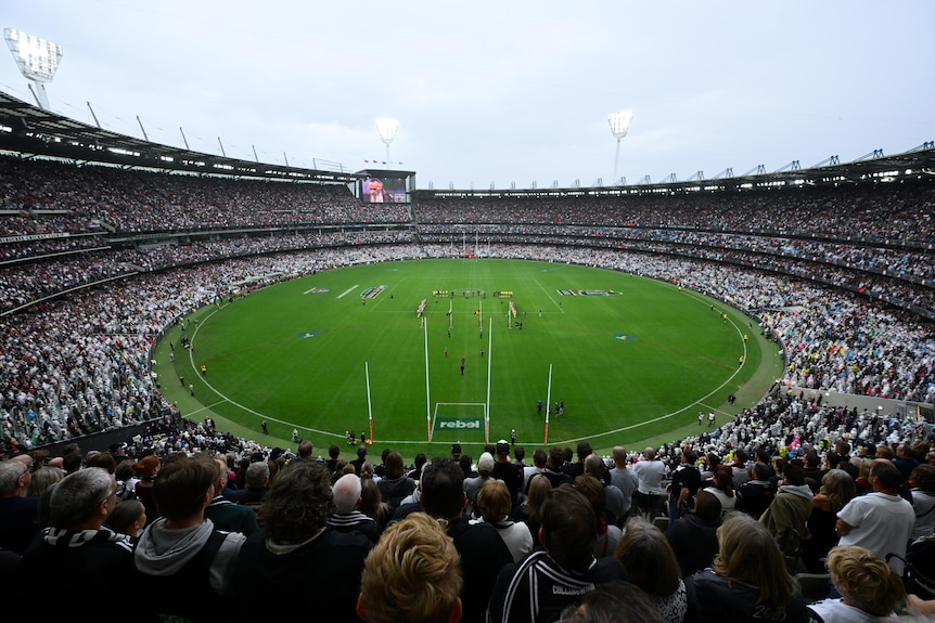 An aerial view of the MCG for the Anzac Day match.