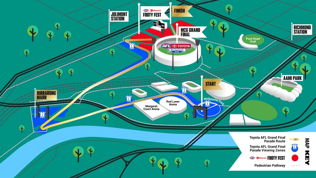 A map of the AFL grand final parade that shows where the teams will be travelling.