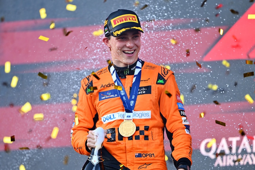 Oscar Piastri celebrates his Azerbaijan Grand Prix win