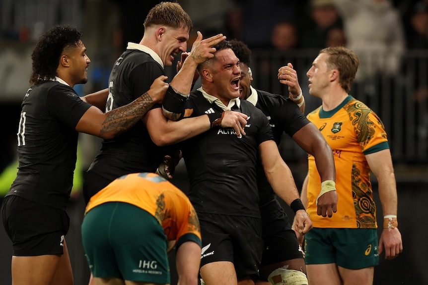 Quinn Tupaea celebrates a try against the Wallabies