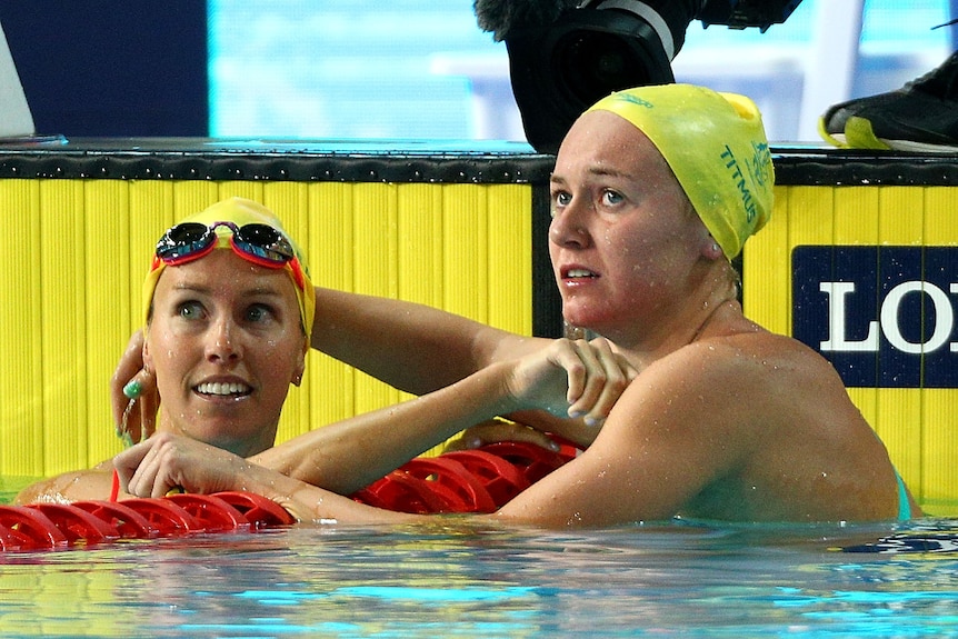 Ariarne Titmus hugs Emma McKeon