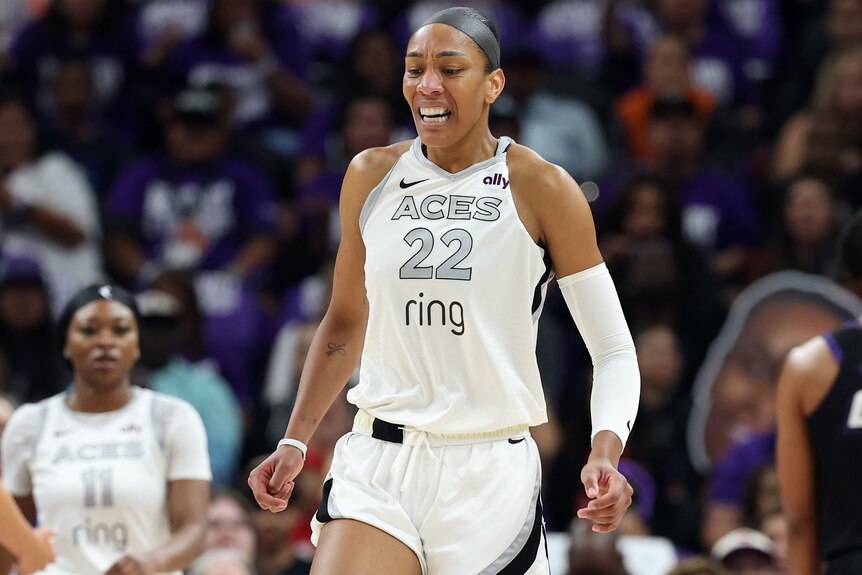 A'ja Wilson reacts during Game 4 of the WNBA Finals.