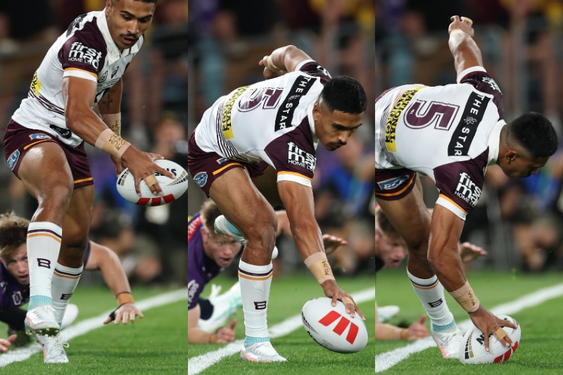Composite image of Deine Mariner scoring in the NRL grand final.