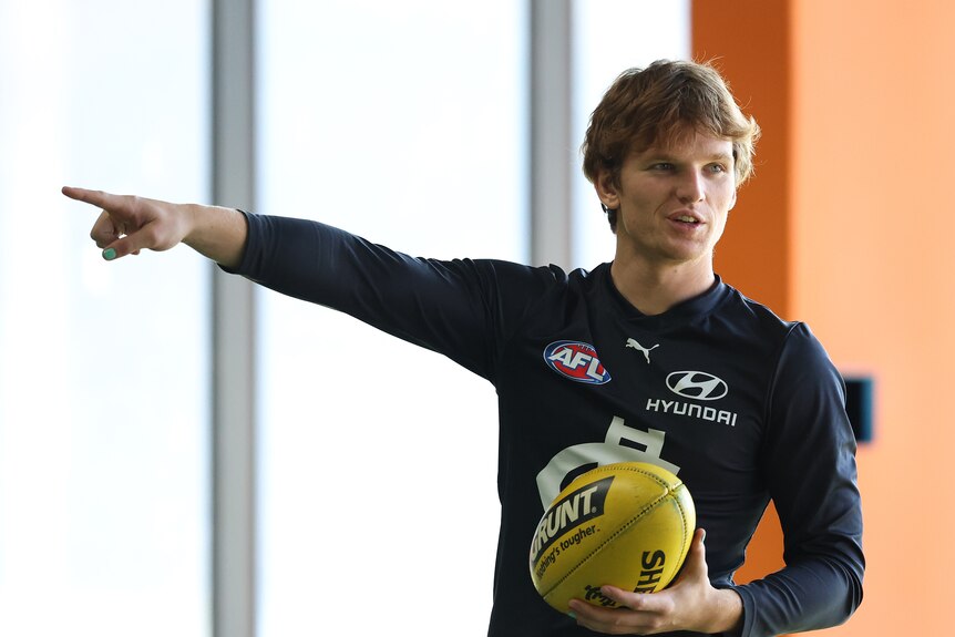 Jordan Boyd of the Blues gestures during a Carlton Blues AFL training session.