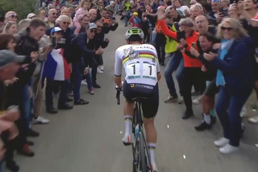 Tadej Pogačar rides with stickers on his back.