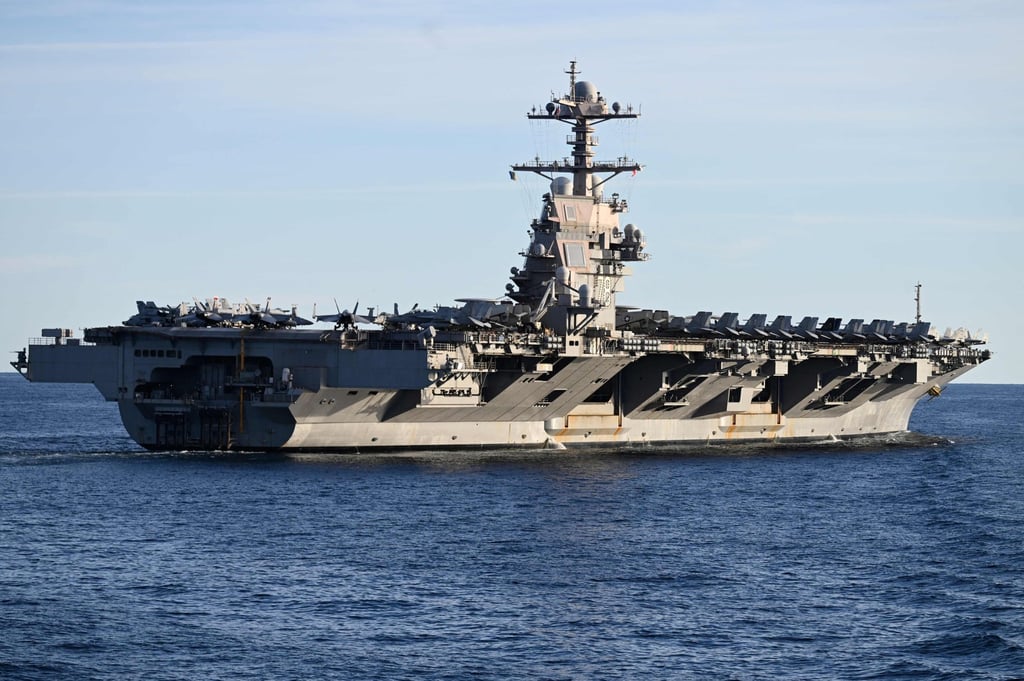 The USS Gerald Ford, the world’s largest aircraft carrier, is seen in the North Sea in September. Photo: AFP The USS Gerald Ford, the world’s largest aircraft carrier, is seen in the North Sea in September. Photo: AFP