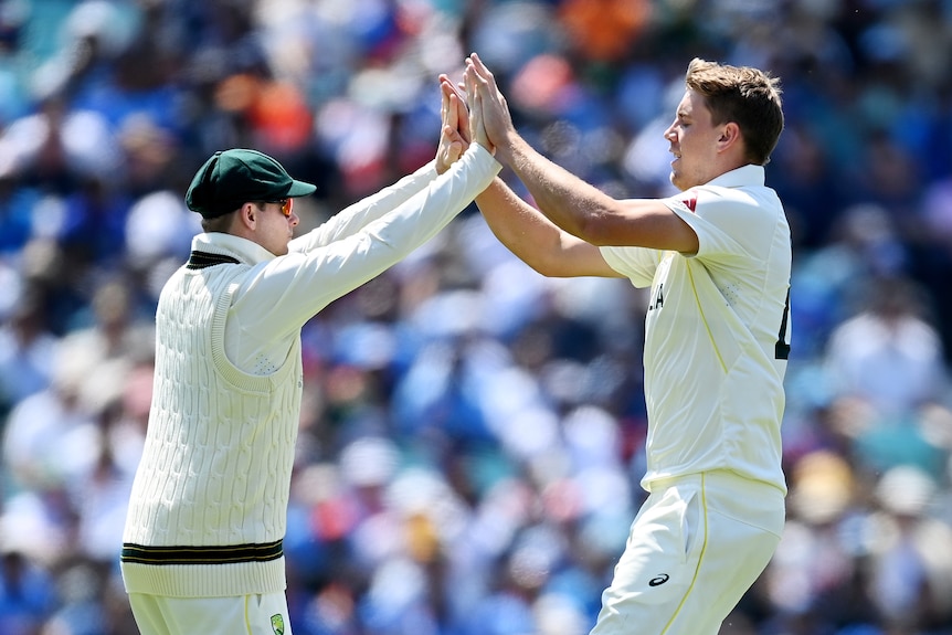 Two cricketers wearing white high five in front of a crowd in sunshine