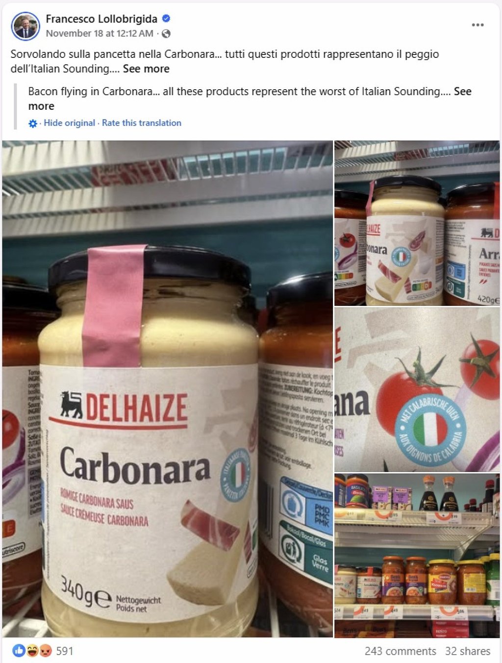 Italy’s agriculture minister Francesco Lollobrigida posted social media pictures of a jar of “carbonara sauce” for sale at a supermarket in Brussels. Image: Facebook//Lollobrigida.F Italy’s agriculture minister Francesco Lollobrigida posted social media pictures of a jar of “carbonara sauce” for sale at a supermarket in Brussels. Image: Facebook//Lollobrigida.F