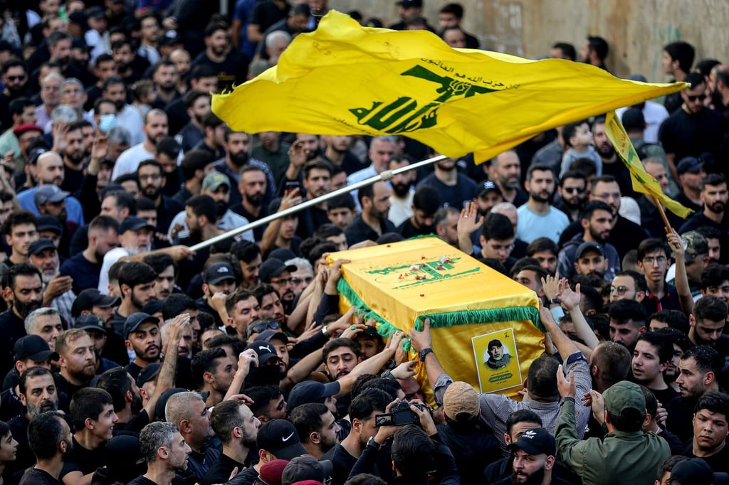Hezbollah supporters carry the coffin of Haytham Ali Tabtabai during his funeral procession in Beirut, Lebanon, on Monday. Photo: dpa