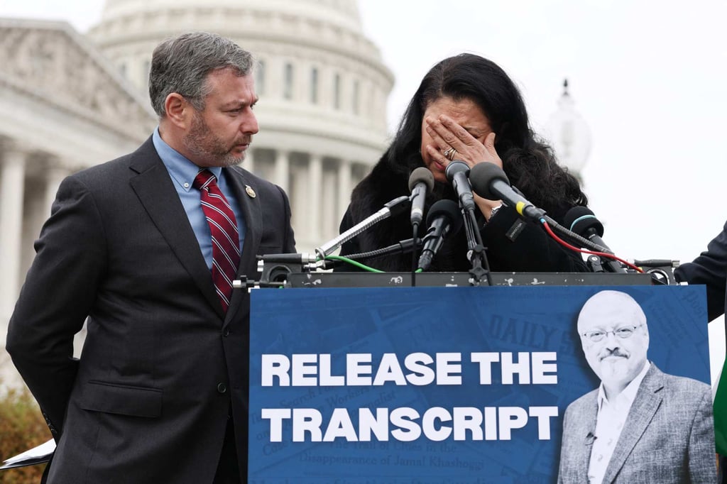 Hanan Elatr Khashoggi becomes emotional as she speaks alongside US congressman Eugene Vindman at the Capitol on Friday. Photo: AFP Hanan Elatr Khashoggi becomes emotional as she speaks alongside US congressman Eugene Vindman at the Capitol on Friday. Photo: AFP