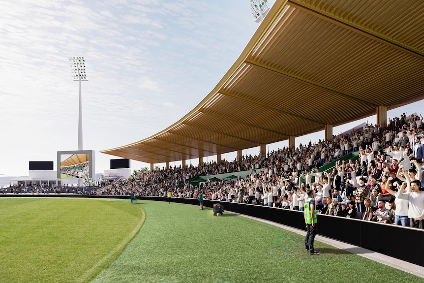 Crowds of people sit in a stand watching a green field in this concept art.