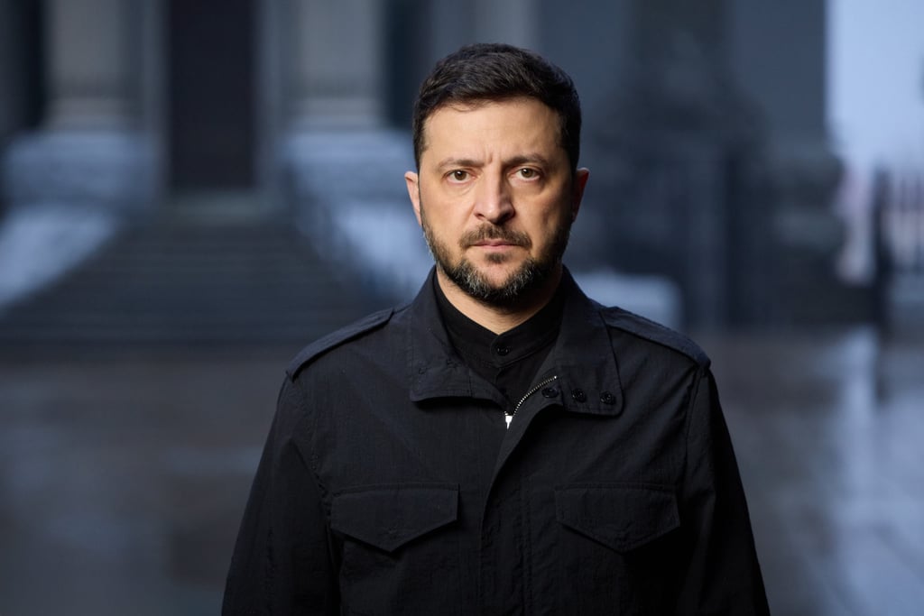 Ukraine’s President Volodymyr Zelensky looks into the camera while delivering a video address to the nation in Kyiv on Friday. Photo: Press Service of the President Of Ukraine via AP