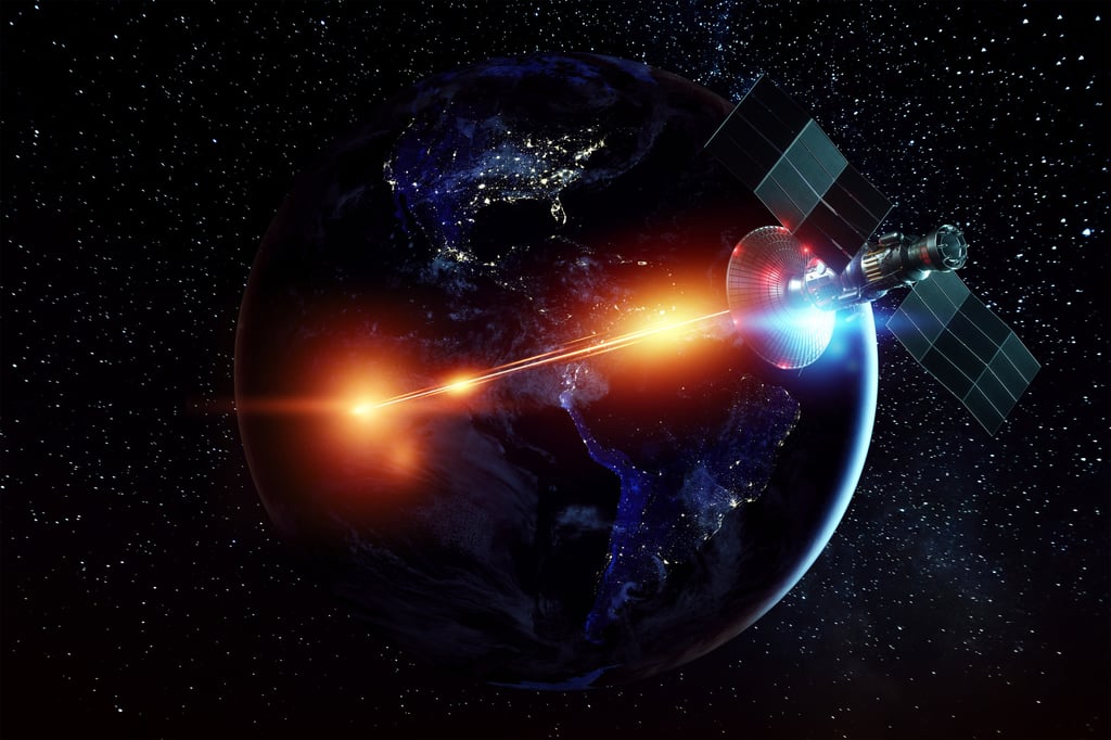 An illustration depicts a weapon in space firing a laser against the background of the Earth. Image: Nasa/Shutterstock