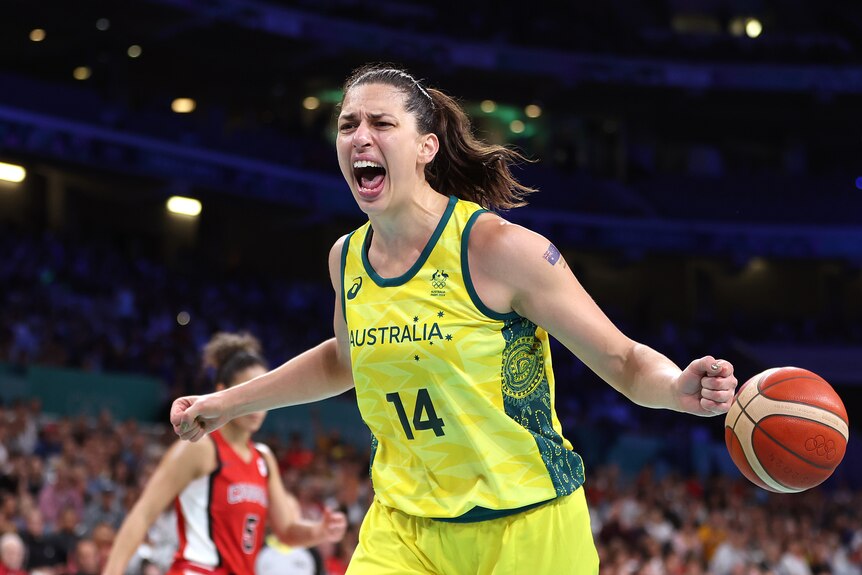 Marianna Tolo screams in excitement after scoring for the Opals at the Olympics