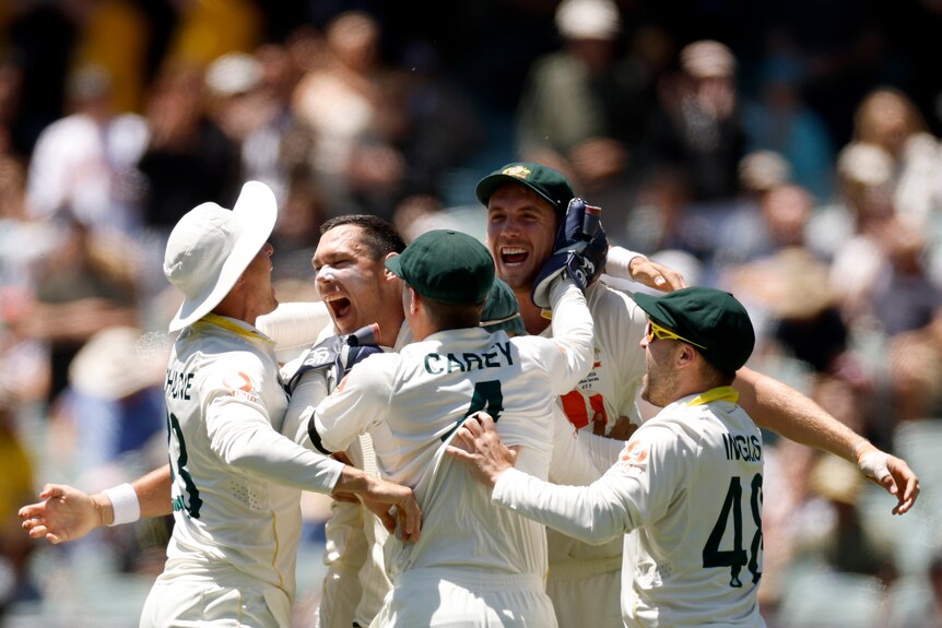 Cricket players wearing white celebrate together.