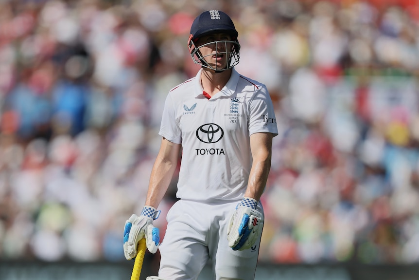 England batter Harry Brook walks off the field.