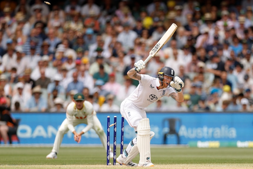 England batter Ben Stokes is bowled during a cricket Test.