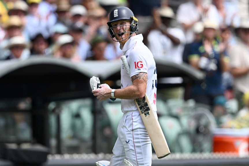 Ben Stokes walks off the field after getting out in Adelaide.