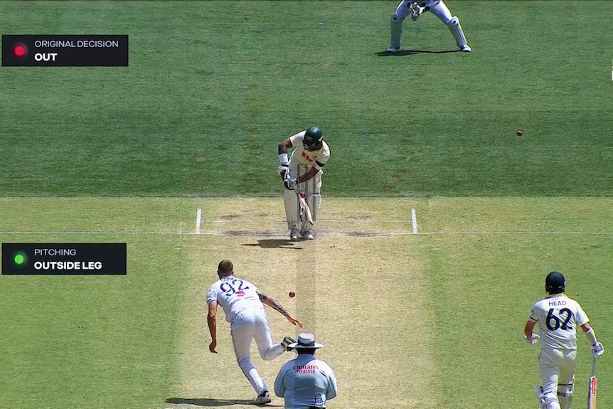 A screenshot of a cricket ball pitching outside leg stump to dismiss Jake Weatherald.