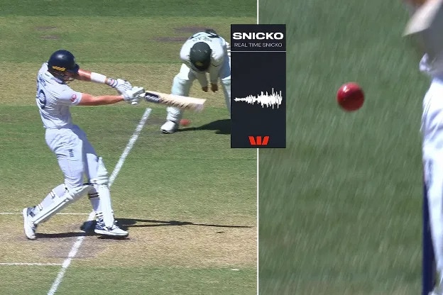 A split screen of a cricket batter seemingly missing a shot while snicko shows a murmur