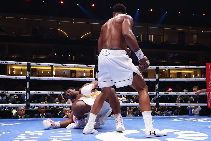 ANthony Joshua stands over Francis Ngannou