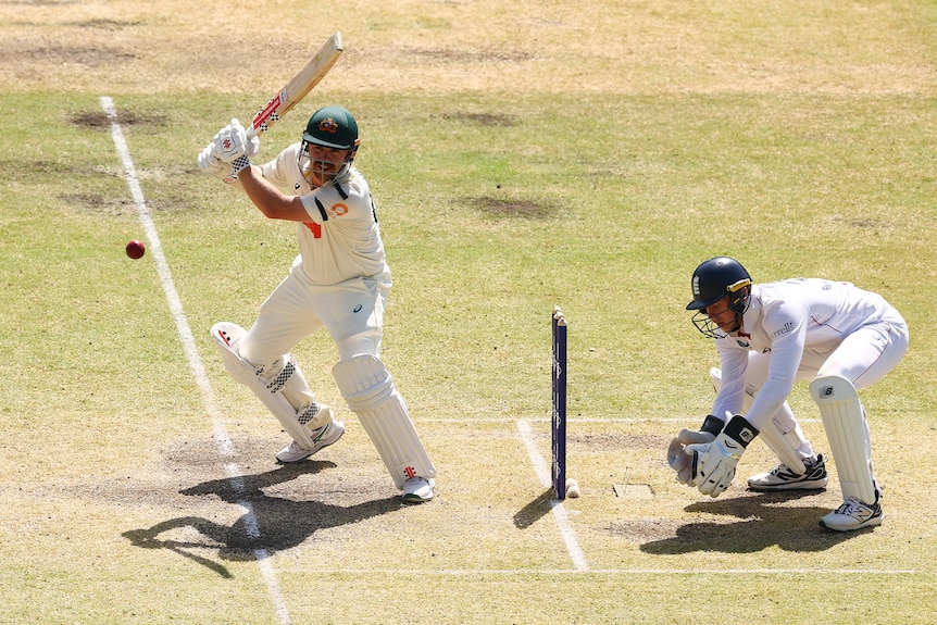 A cricket batter plays a cut shot with stumps and wicketkeeper behind him