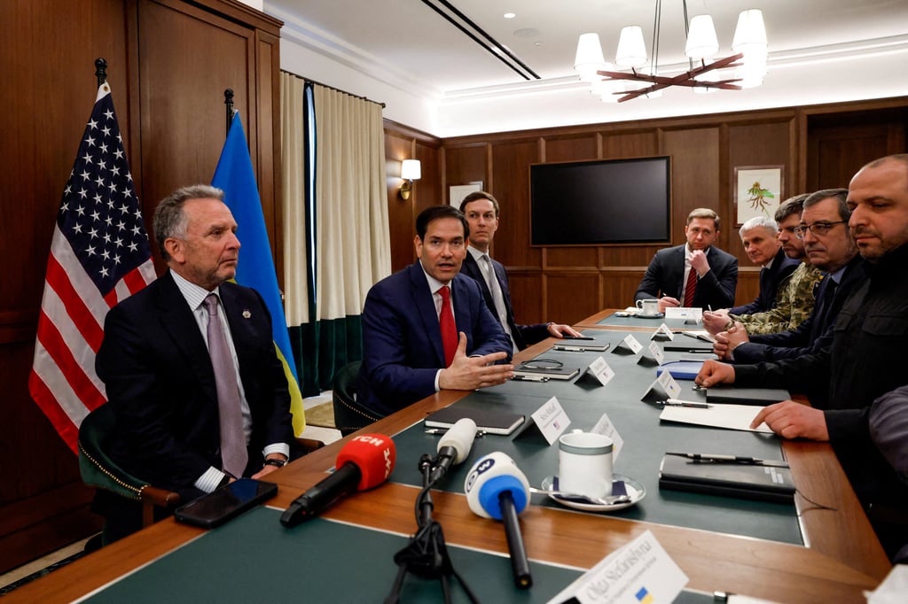 US Special Envoy Steve Witkoff, US Secretary of State Marco Rubio and US President Donald Trump’s son-in-law Jared Kushner meet with Secretary of Ukraine’s National Security and Defence Council Rustem Umerov and other members of a Ukrainian delegation in Hallandale Beach, Florida, in November. Photo: Reuters US Special Envoy Steve Witkoff, US Secretary of State Marco Rubio and US President Donald Trump’s son-in-law Jared Kushner meet with Secretary of Ukraine’s National Security and Defence Council Rustem Umerov and other members of a Ukrainian delegation in Hallandale Beach, Florida, in November. Photo: Reuters