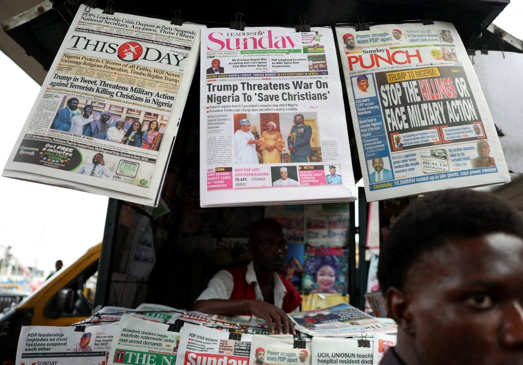 Newspapers reporting US President Donald Trump’s message to Nigeria over the treatment of Christians are seen at a newspaper stand in Lagos, Nigeria, in November. Photo: Reuters Newspapers reporting US President Donald Trump’s message to Nigeria over the treatment of Christians are seen at a newspaper stand in Lagos, Nigeria, in November. Photo: Reuters