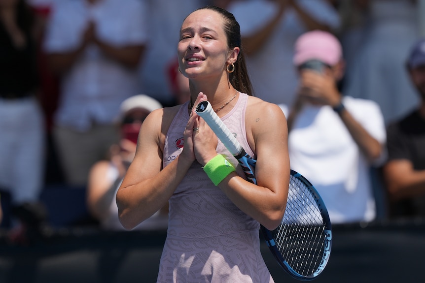 Zeynep Sonmez celebrates a win at the Australian Open.