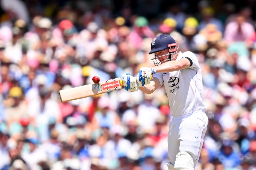 A cricket ball hits the top edge of Harry Brook's bat.