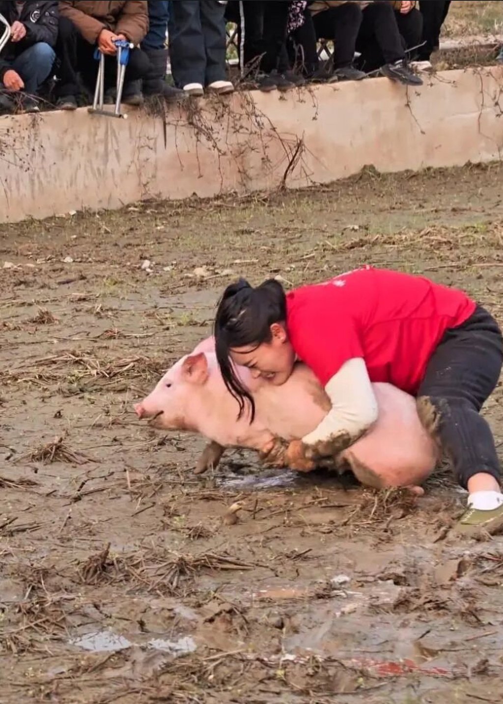 Wen Fengqin gets down and dirty with a struggling pig during one of the many contests she has taken part in. Photo: thepaper Wen Fengqin gets down and dirty with a struggling pig during one of the many contests she has taken part in. Photo: thepaper