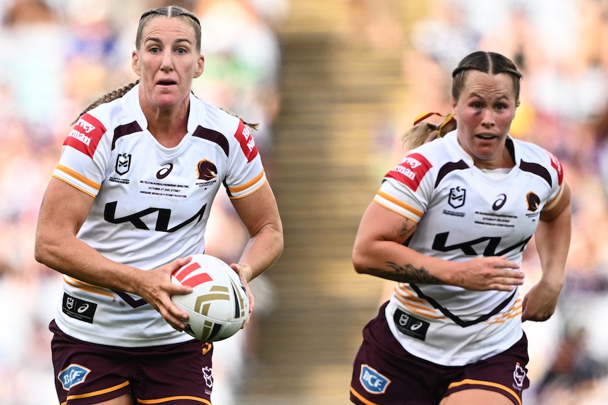 Ali Brigginshaw runs the ball for the Broncos during the NRLW grand final.